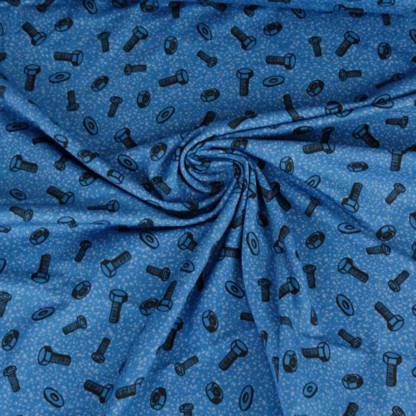 Baumwoll Jersey Happy Metal by Steinbeck Schrauben & Muttern auf Royalblau